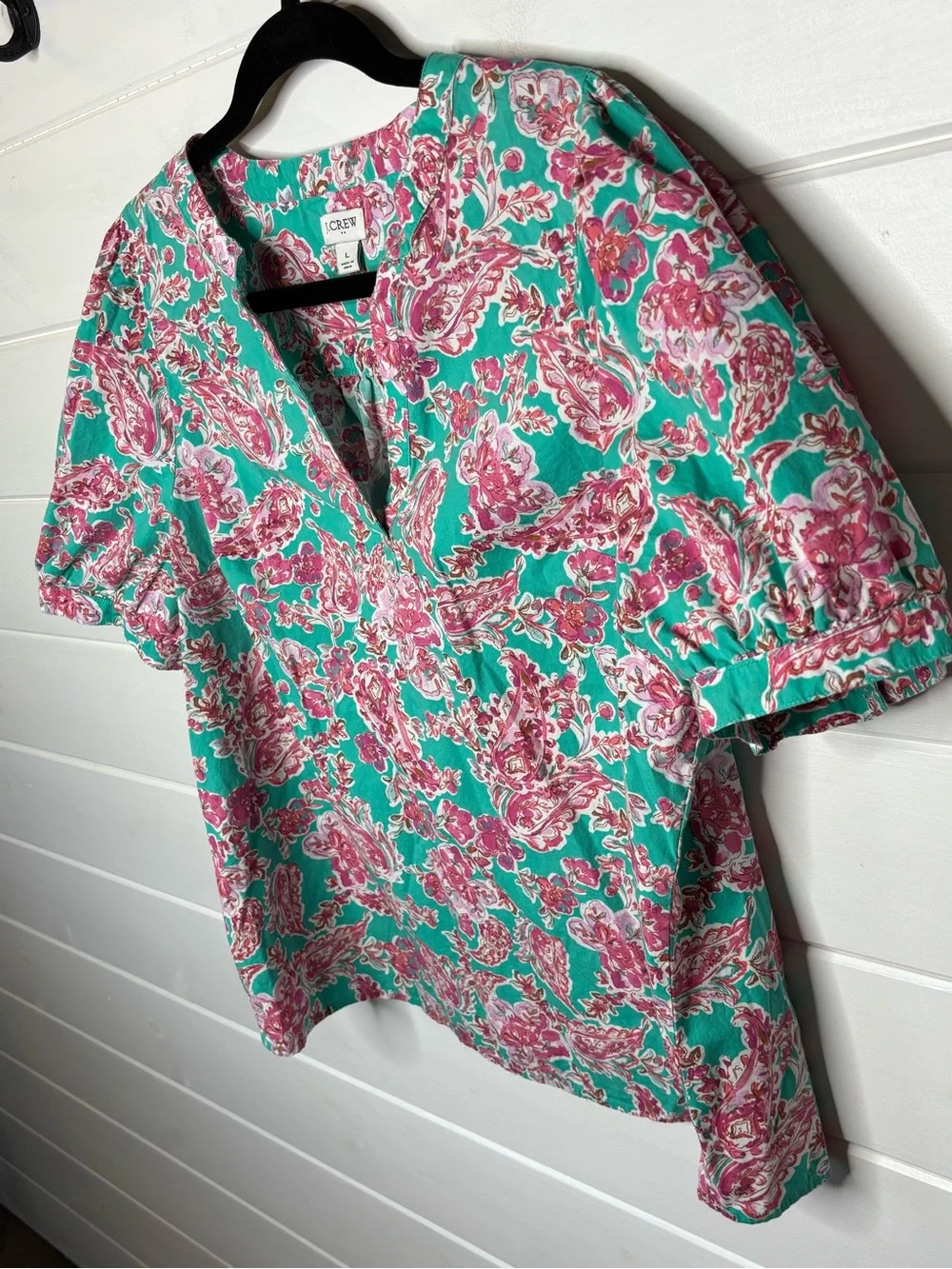 J. Crew Paisley Floral Puff Sleeve Top Womens L Green & Pink Lightweight Relaxed